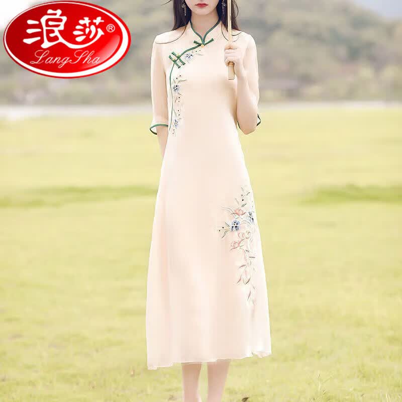 浪莎（LangSha）旗袍2023年新款女夏季改良版连衣裙长款年轻款春夏中国风气质女装 YY1166杏色 L_95-110斤高性价比高么？