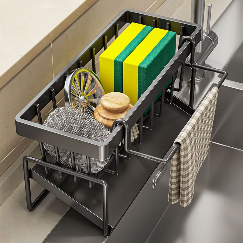 艾杰普厨房置物架抹布架免打孔台面水槽洗碗布收纳架厨房用具置物架灰色