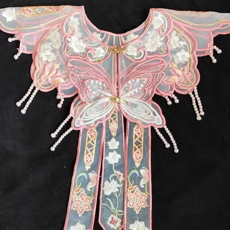 桐崎学士服云肩刺绣粉色大蝴蝶3飘带明制汉服云肩飘带重工绣花百搭刺
