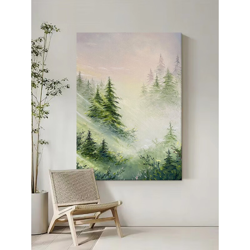 风景肌理手绘油画小清新玄关绿色装饰画客厅餐厅抽象挂画 迷雾森林