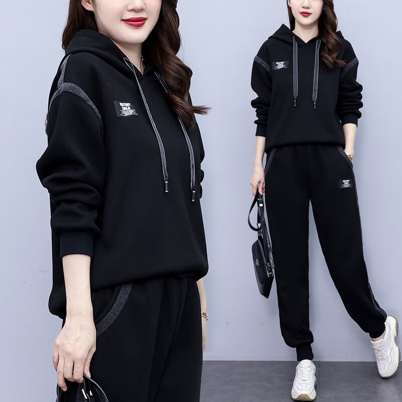 品汇菲（PINHUIFEI）大码女装牛仔套装秋冬卫衣加肥显瘦胖mm时尚高端大气休闲两件套  黑色 常规 4XL 建议175-200斤