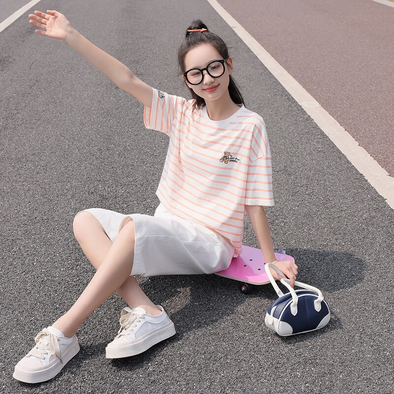 方糖姑娘初中生夏装条纹t恤套装女大童中学生运动装夏季宽松两件套