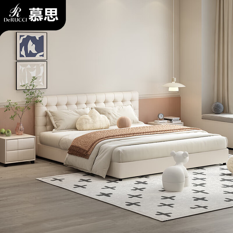 慕思猫抓布床女生卧室奶油风地台床布艺主卧大床双人高脚齐边悬浮床