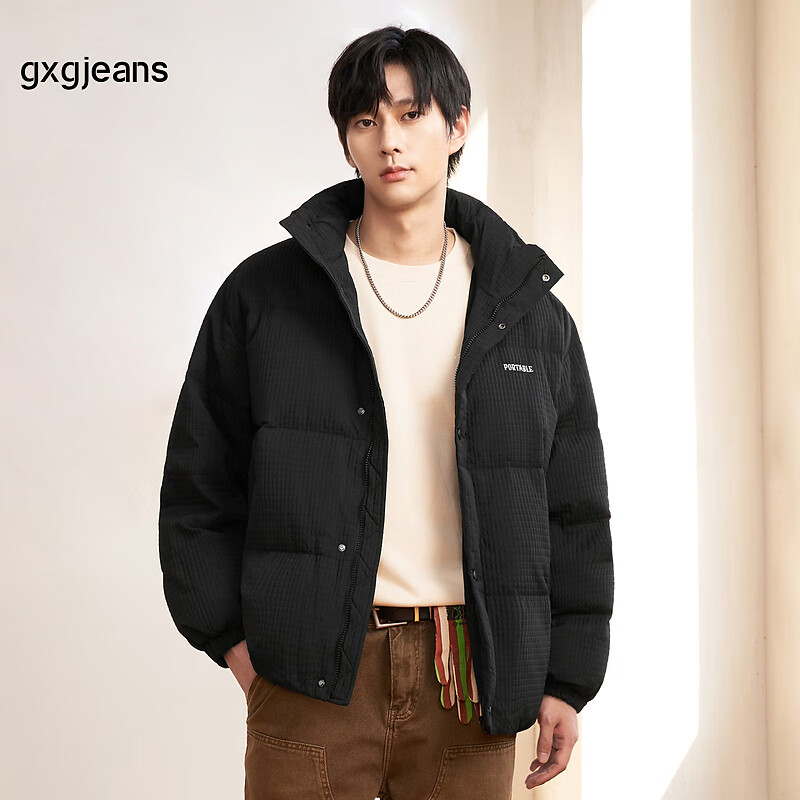 gxg.jeans男装 2024冬季新款90%白鸭绒黑色短款立领华夫格羽绒服 黑色 M (170)