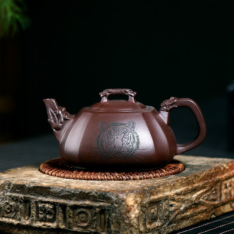 名家工艺师国工茶具大容量原矿老紫泥四方抽角方壶泡茶壶生肖龙虎石瓢