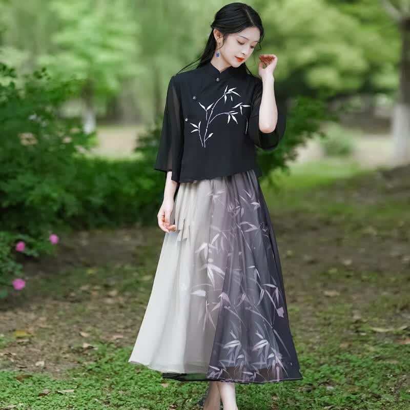 妖妮改良旗袍汉服成人女2023复古民族中国风水墨画连衣裙两件套9543 竹海水墨画两件套 4XL怎么看?
