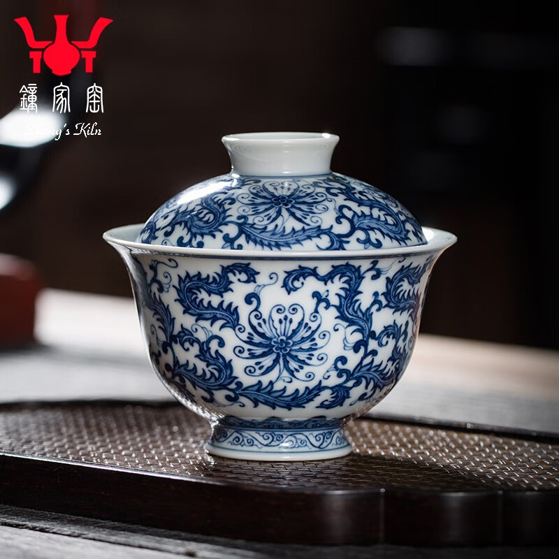 鐘家窯（Zhong’ s Kiln）鐘家窯陶瓷蓋碗 景德鎮(zhèn)純手工手繪纏枝鳳尾蓮柴窯青花二才碗茶杯
