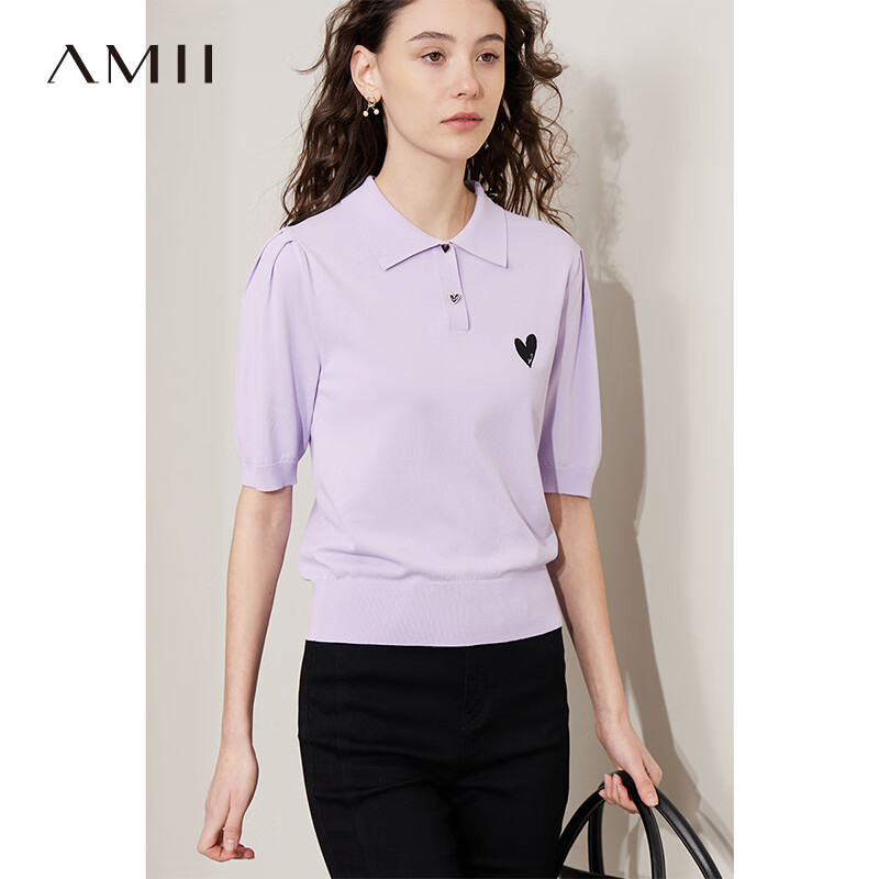 AMII2024年夏新款POLO領(lǐng)公主袖法式刺繡針織衫桃心繡花上衣女 粉紫 175/96A/XXL