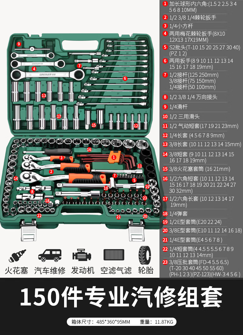 维修套头棘轮专用工具大全多功能工具箱 【升级72齿】弯柄汽修150件套