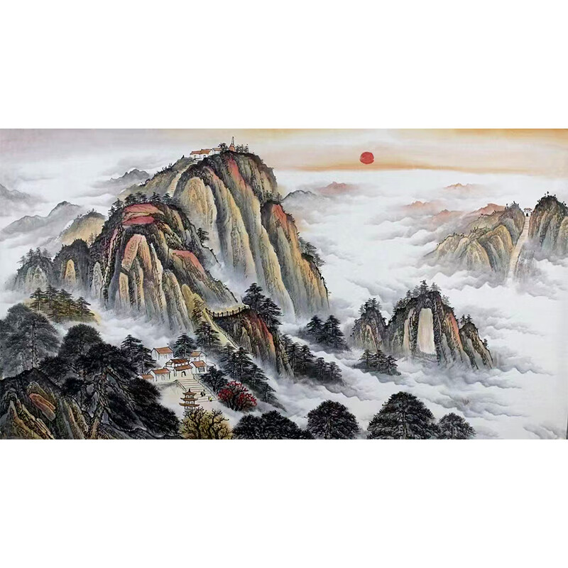 真迹大六尺180*96cm手绘靠山图泰山日出水墨新中式背景挂画风景画画芯