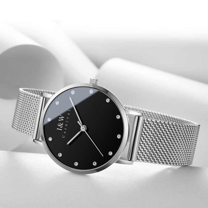 爱沃驰瑞士钻钉刻度纤薄时尚防水石英手表女士表七夕生日礼物送女友 银壳黑面|银网带