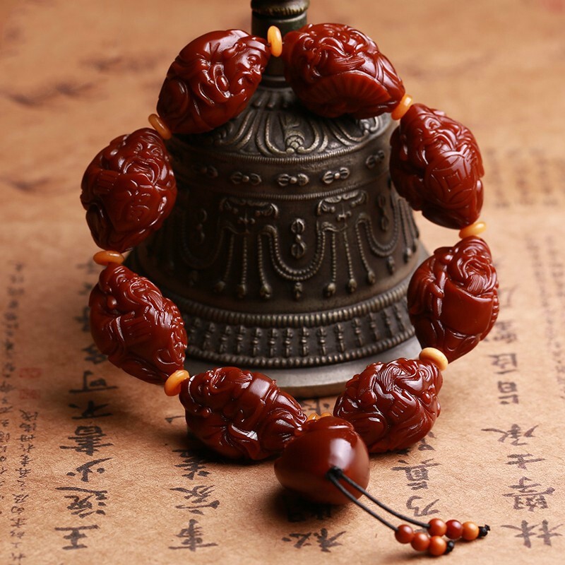 玉化橄榄核雕刻八大财神手串 机刷橄榄胡佛珠手链男女文玩手工包浆