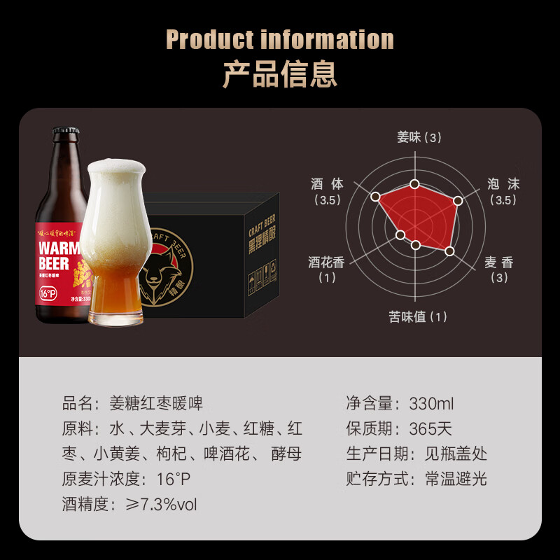 黑狸精酿巧克力世涛黑啤ipa原浆小麦白啤酒高端系列送礼礼盒整箱装 红枣枸杞姜糖暖啤 330ml*6