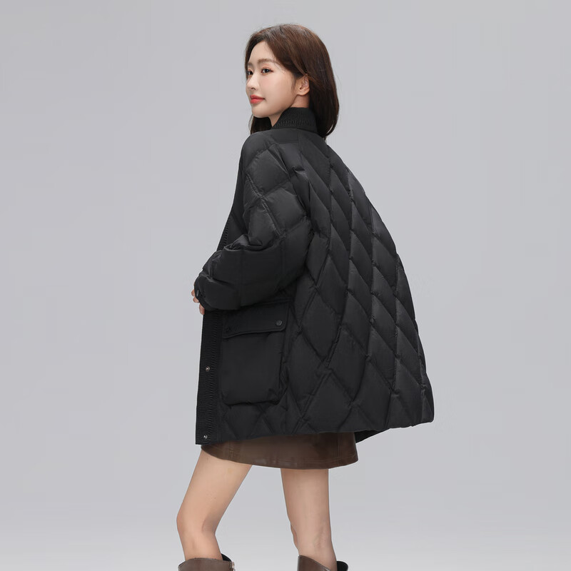 雪中飞秋冬时尚休闲大V领锁绒菱格绗线【反季清仓】】女士短款羽绒服 黑色 M 165/88A
