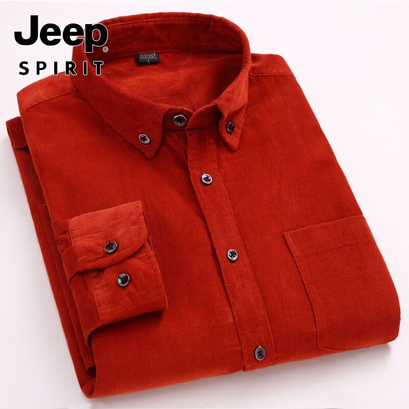 Jeep吉普秋季纯棉灯芯绒衬衫男士长袖休闲全棉衬衣青年中年大码爸爸装 纯棉灯芯绒-纯黑 41码 建议150-155斤