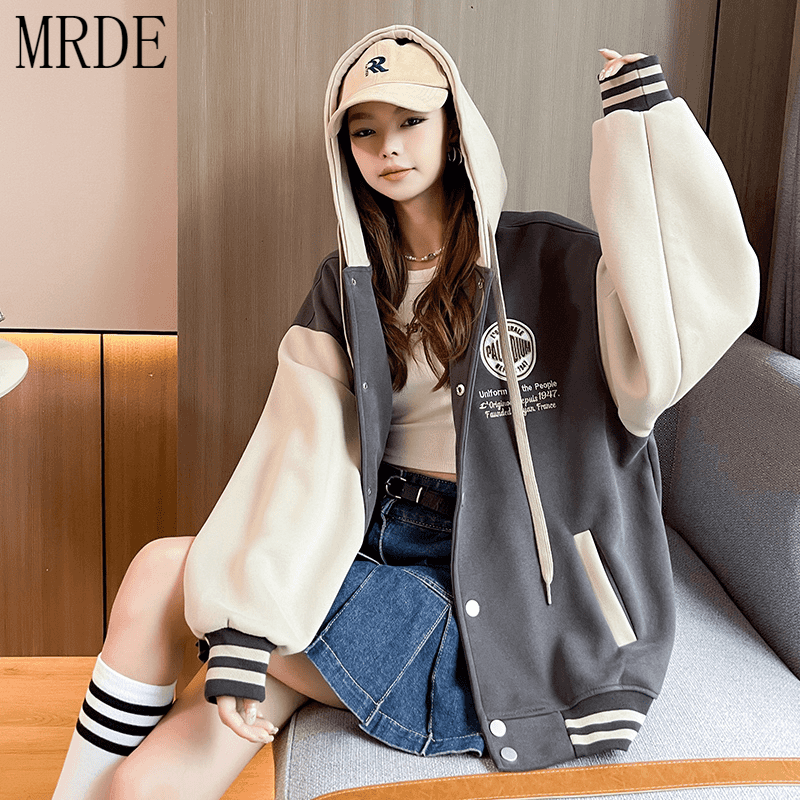 MR.DE乔治优库女装棒球服女春秋加厚美拉德棉衣加绒连帽学生卫衣外套 灰色 S(80-100斤)