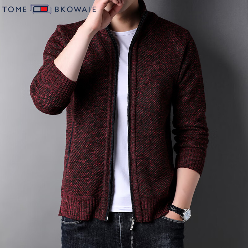 汤米芙兰可加绒加厚针织外套男2025年秋冬新款商务休闲保暖宽松毛衣开衫 红色加绒 4XL （建议180-195斤）