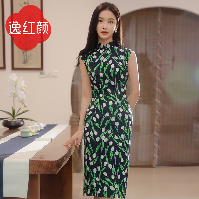beauty)逸红颜改良版旗袍年轻款2023夏季新复古书卷莲印花修身裙女