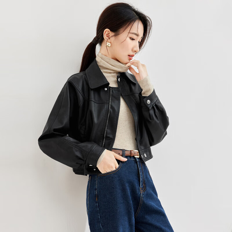 尚都比拉经典百搭翻领PU皮衣秋冬小个子短外套女夹克 黑色 M 高性价比高么？