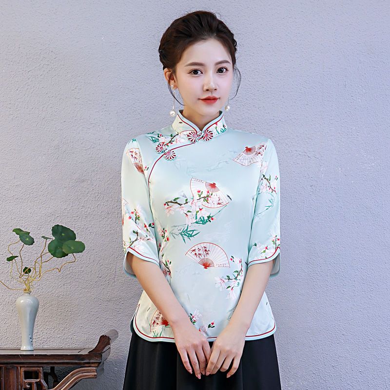 知特旗袍中国风小个子妈妈装夏季高档上衣改良版2023显瘦丝绸印花遮肉