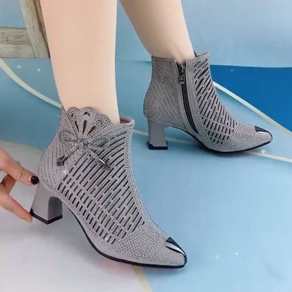 守图夏天高跟网靴网纱网面女士镂空透气显高女靴女尖头蝴蝶结品质女