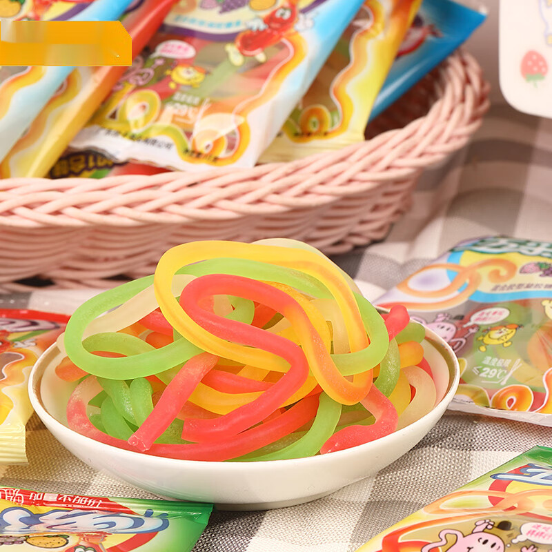 优卡五彩绳彩虹长条果汁软糖50包批发儿时怀旧儿童小零食糖果 五彩绳