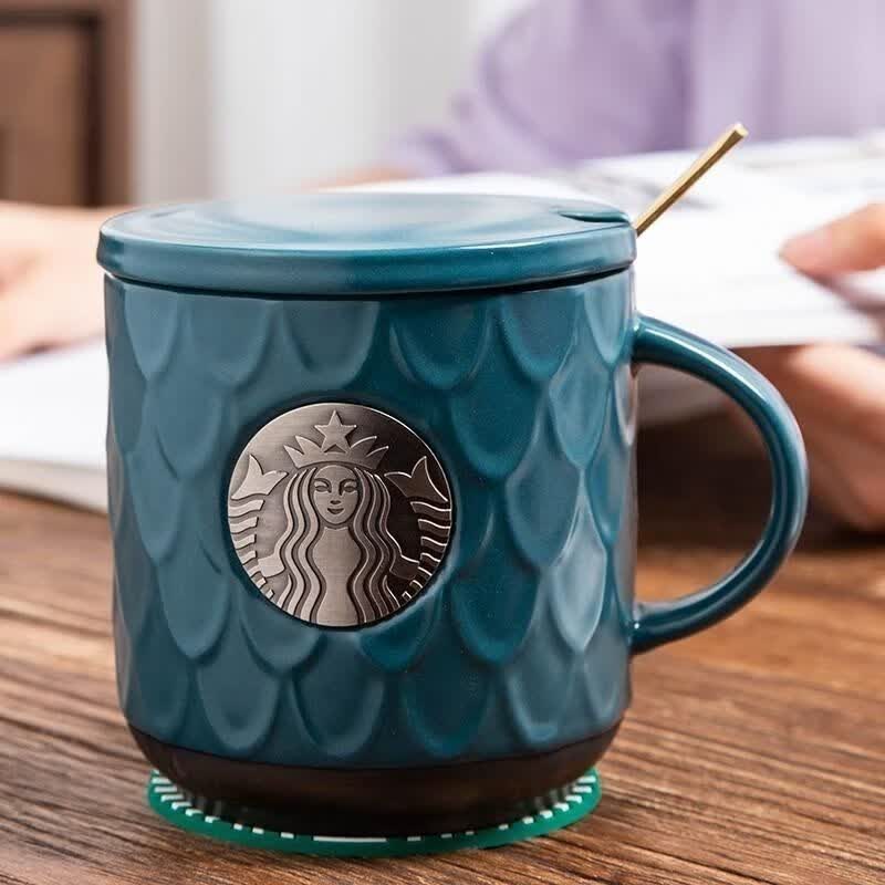 星巴克(starbucks)杯子大容量孔雀蓝鱼鳞杯陶瓷马克杯咖啡杯茶杯简约
