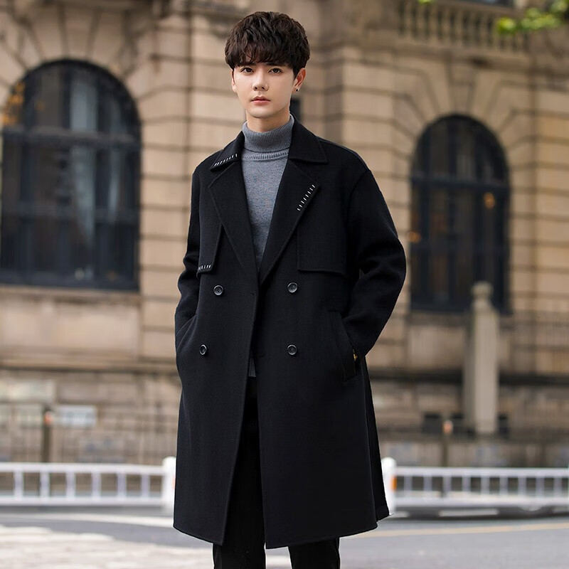 双面羊绒大衣男士中长款冬季加厚感仿羊毛呢子过膝风衣男生外套 黑色