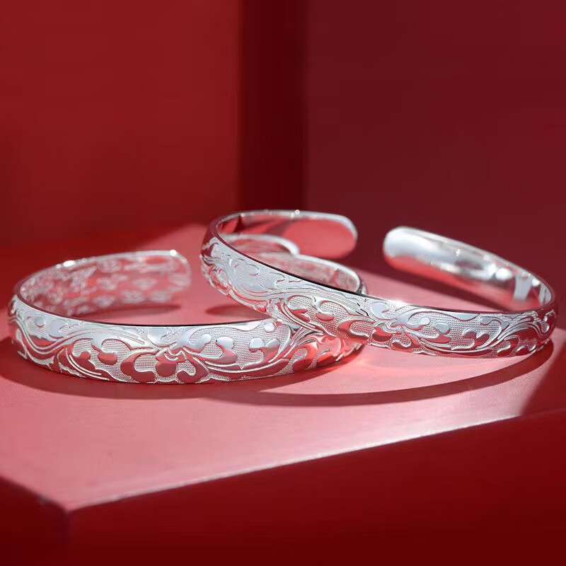 足银9999牡丹花开口银手镯礼物 送妈妈礼物 35克