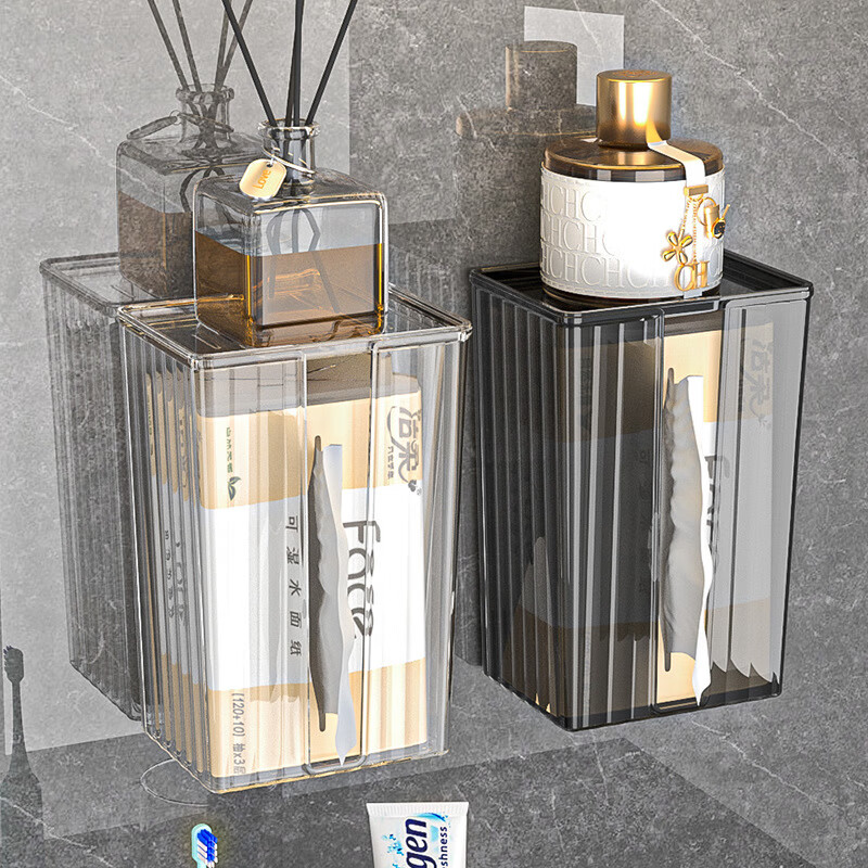 【直发】纸巾盒壁挂式免打孔抽纸盒卫生间厕所防水洗脸巾轻奢收纳 透灰 带盖