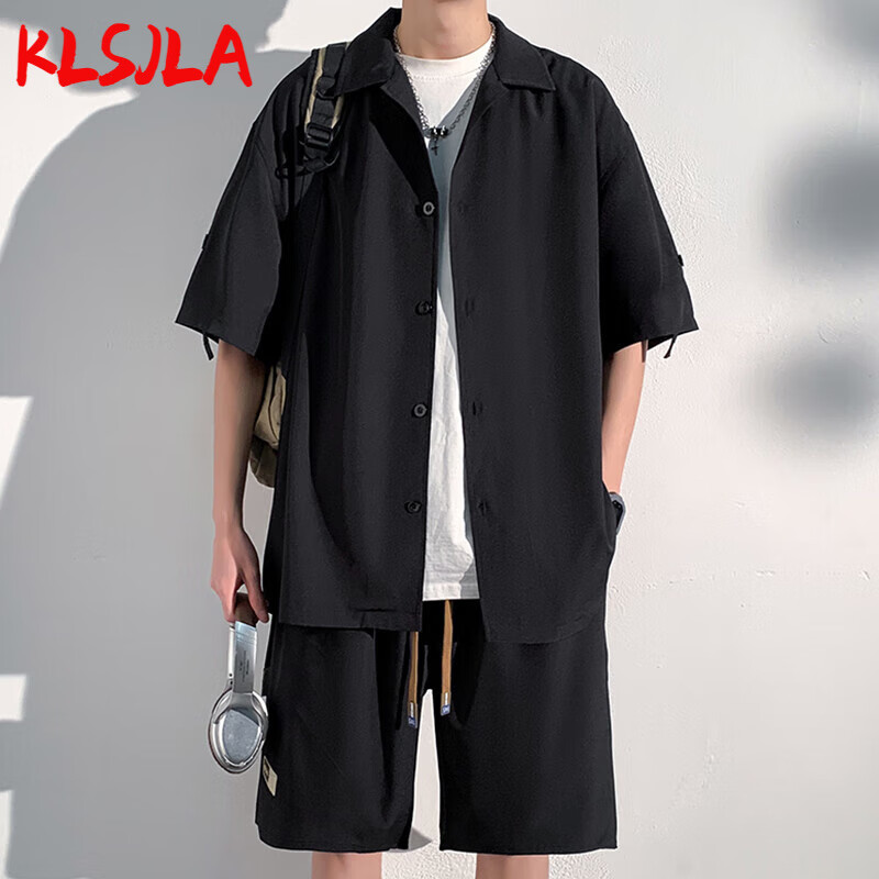 KLSJLA休闲运动套装男夏季短袖衬衫男工装衬衣两件套青少年一套帅气搭配 24175TZ黑色套装 XL 约140-155斤可穿