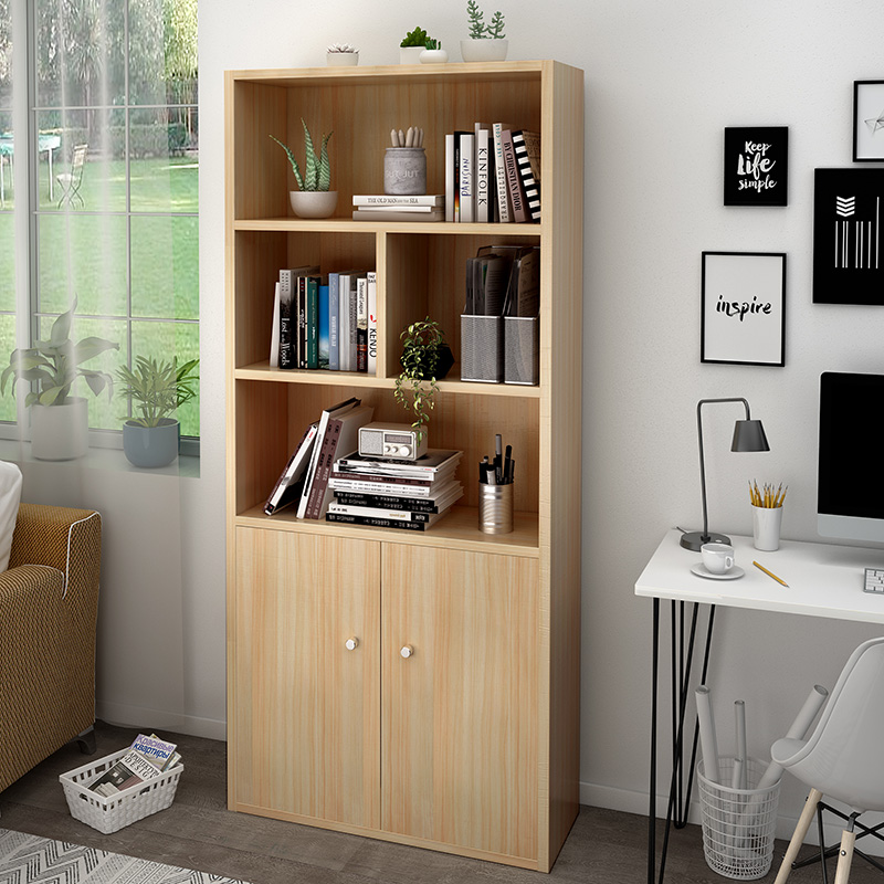 雅美乐书架落地1.8m实木色简易书柜带门客厅书房置物柜 浅胡桃色