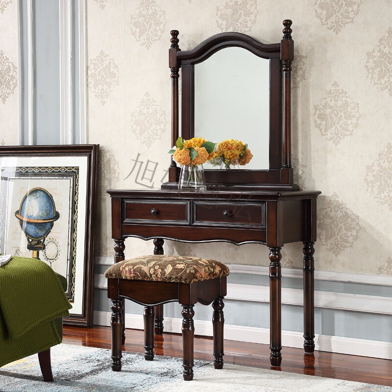旭媛美式乡村实木梳妆台卧室简约风格化妆桌复古怀旧化妆台组合卧室