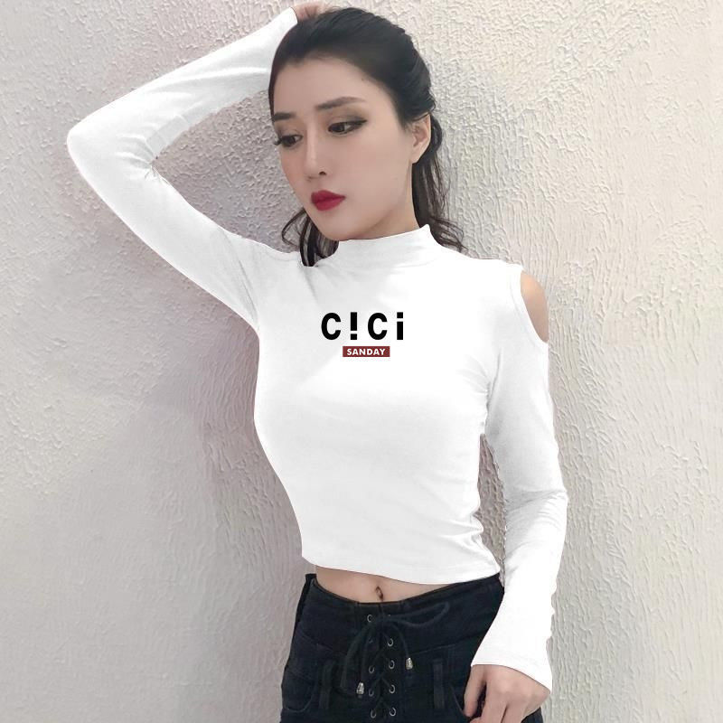 凡摩乔【棉】t恤女露脐上衣新款长袖秋季漏肚脐内搭露肩半高领打底