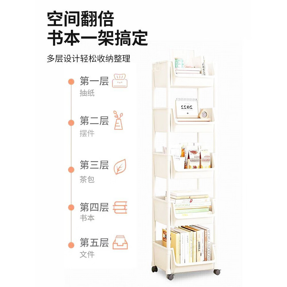 小推车置物架家用零食落地多层客厅收纳书架移动厨房果蔬菜篮架子 3层白-开口款【带挂钩+滑轮】 现货