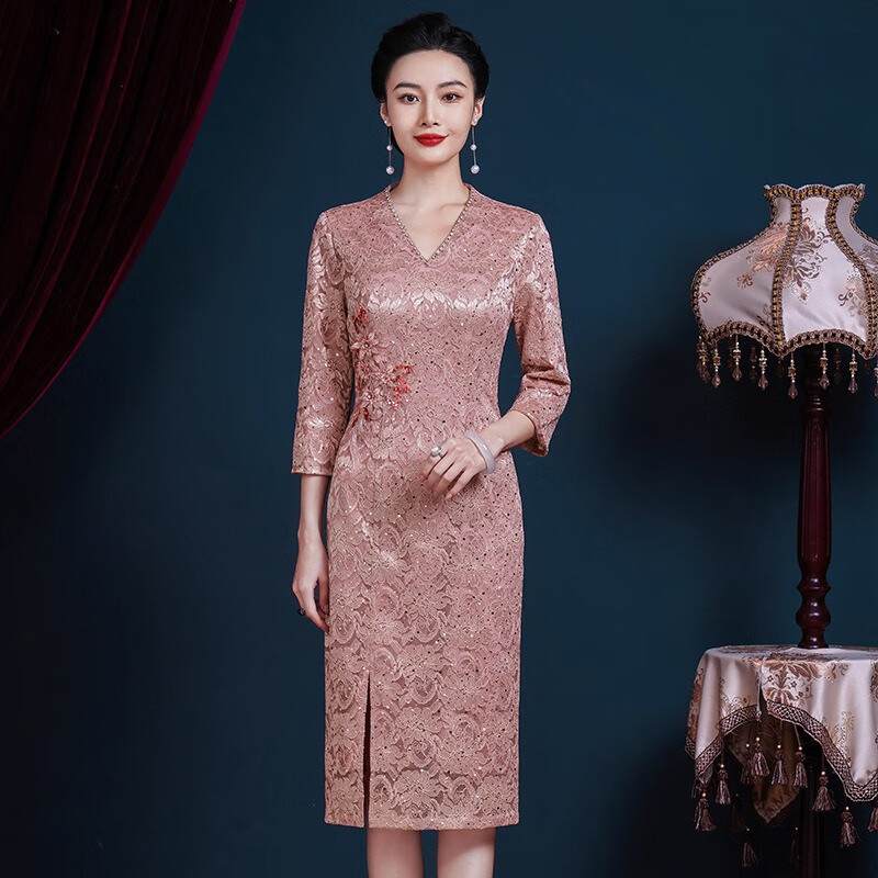 勤記高檔旗袍婚慶媽媽裝2023新款高端婚禮禮服旗袍結(jié)婚喜婆婆連衣裙 香檳色七分 袖2（現(xiàn)貨） 3XL