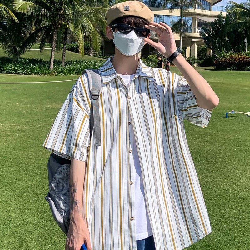 清新条纹短袖衬衫男2022夏季新款宽松青少年半袖衬衣男士文艺学生休闲