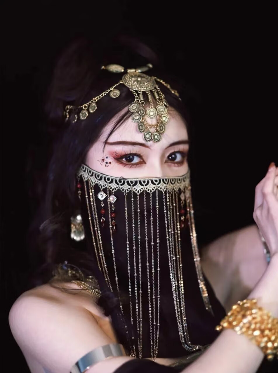 铂朗尼奥 面纱古风汉服流苏挂耳面帘古装女侠黑色遮面 黑色面纱_系带