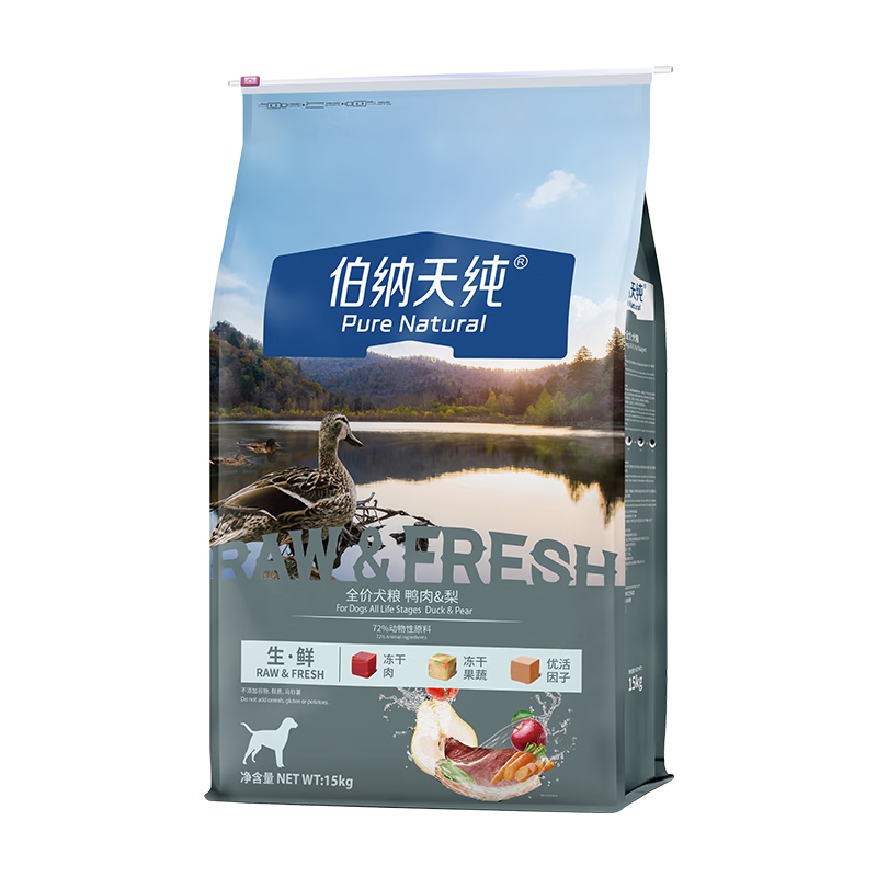 伯纳天纯冻干狗粮生鲜鸭肉梨0谷物冻干成犬幼犬通用犬粮 15kg