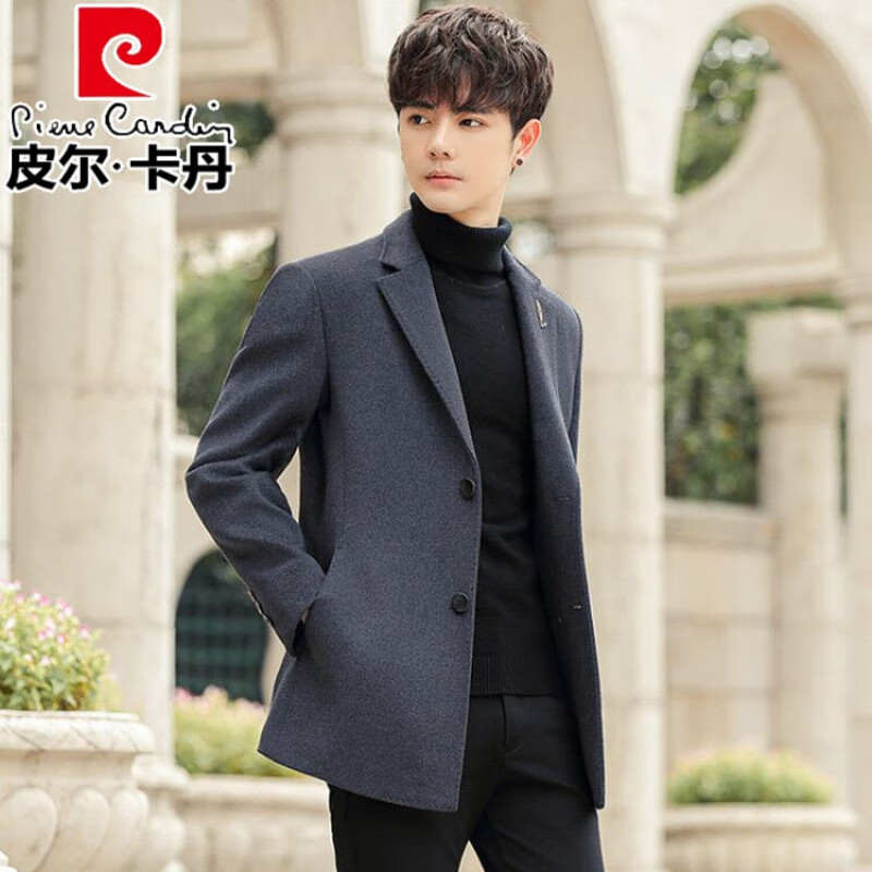 皮尔卡丹（pierre cardin）羊毛呢大衣男士呢子外套中短款修身加厚韩版青年羊毛妮子风衣冬季 深灰色 M 体重(1