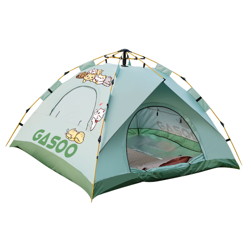 格術(shù)帳篷戶外露營過夜便攜式折疊全自動速開加厚防雨防曬野外野餐套裝 淺綠色【3-5人】加厚防曬+防潮墊