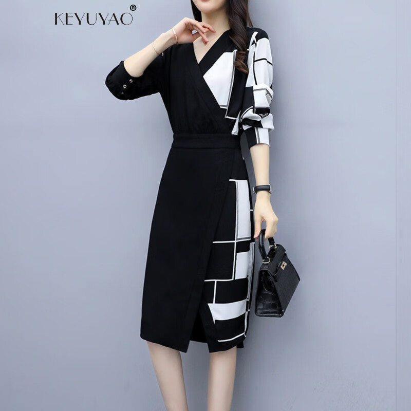 珂语瑶 2020春秋时尚款v领雪纺连衣裙女名媛气质显瘦洋气流行印花裙子