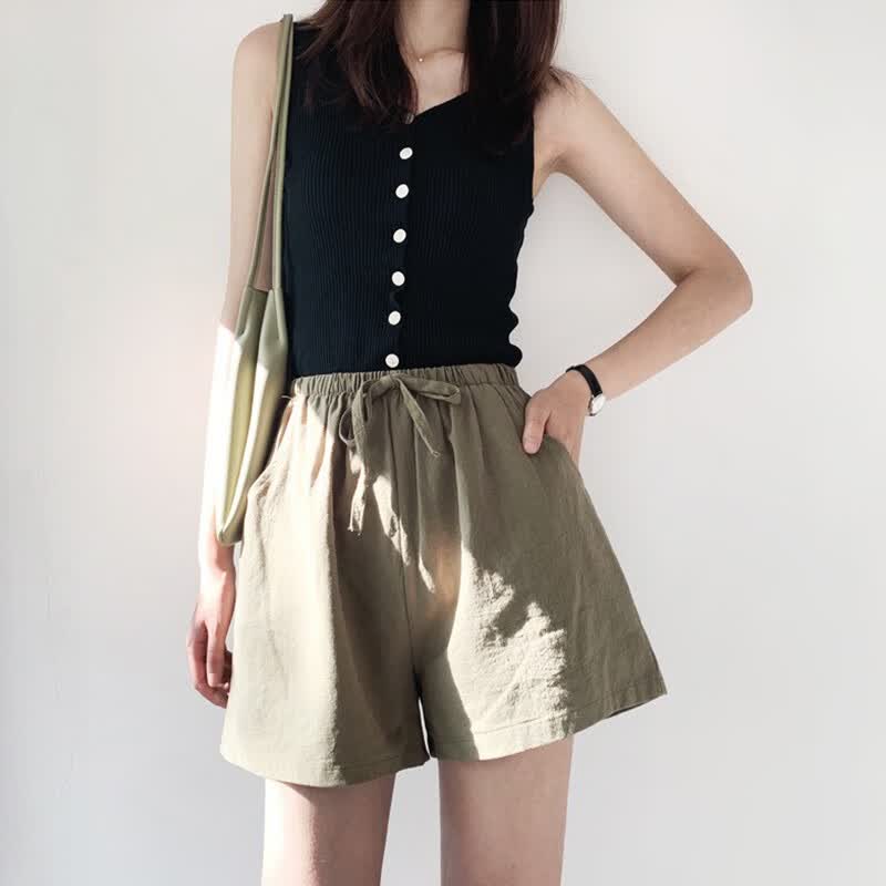 灵镜（LING JING）高腰棉麻短裤女夏季新款外穿宽松显瘦休闲百搭运动裤薄款沙滩热裤 橄榄绿 XL建议140-160斤怎么看?