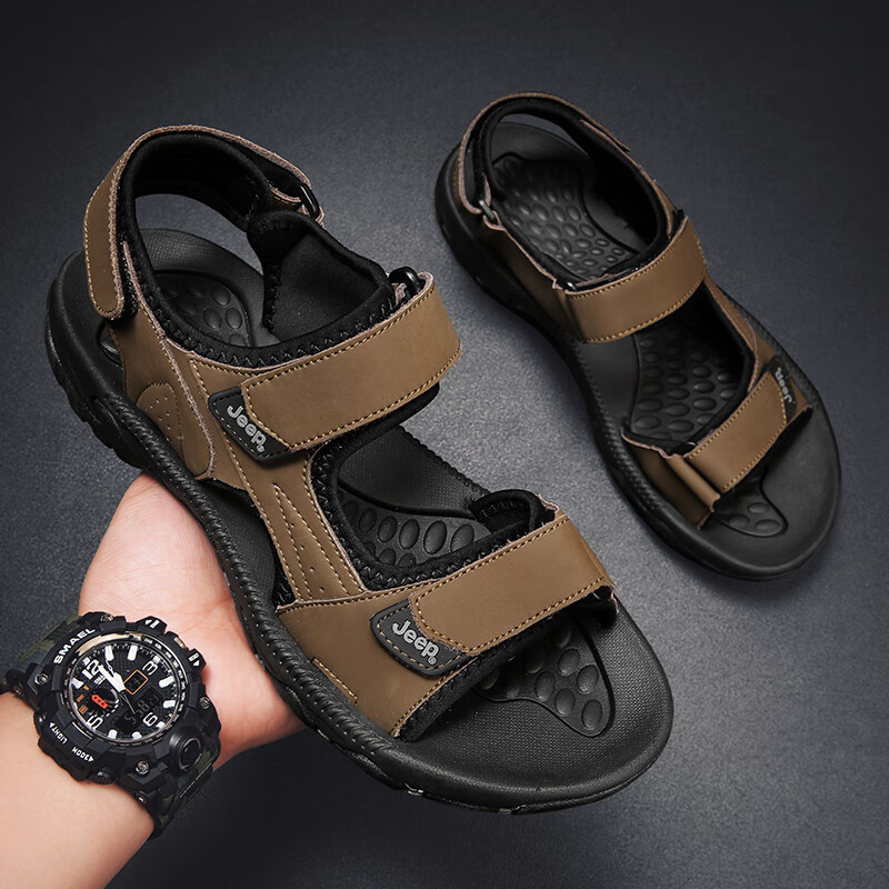 jeep吉普凉鞋男夏季新品百搭透气男士运动凉鞋沙滩鞋男软底防滑 浅棕