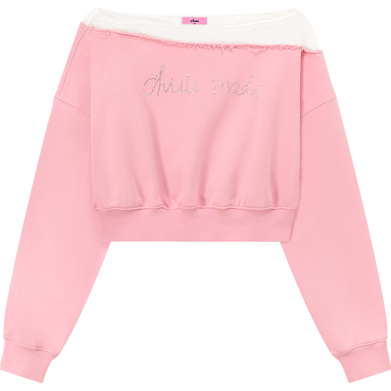 CHUU一字领撞色拼接卫衣女2025秋季新品贴钻字母宽松短款长袖上衣 粉色 均码