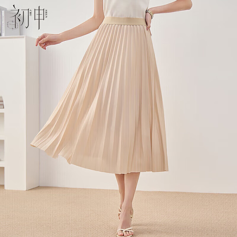 初申春秋半身裙女高腰a字中长款时尚百搭百褶裙子s13kb2098 米色