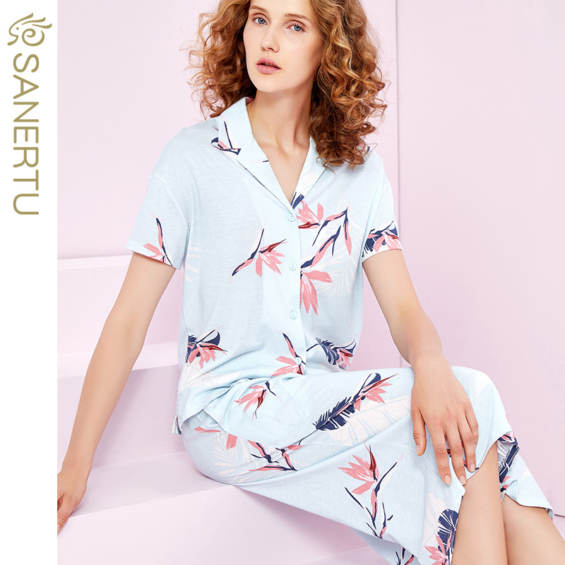 三耳兔睡衣女春秋短袖开襟莫代尔棉七分裤夏薄款可外穿家居服套装 浅