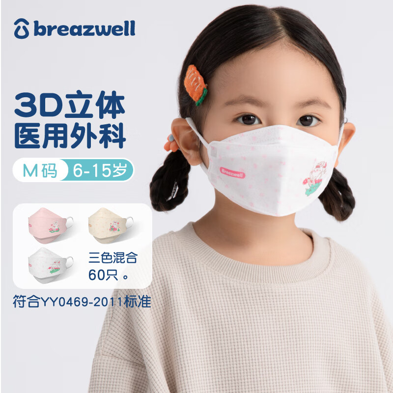 Breazwell儿童口罩医用外科3d立体透气防尘灭菌一次性卡通柳叶型口罩独立包装60只 M码6-15岁 绵绵兔