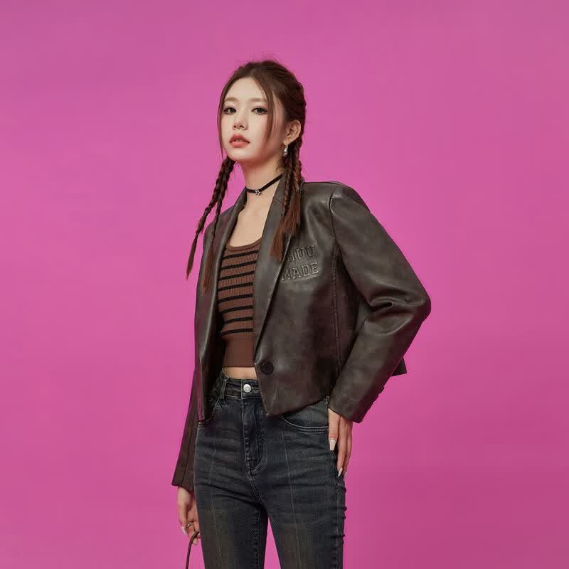 CHUU字母PU皮仿皮衣女2023年秋冬新品个性减龄美拉德短款外套上衣 深咖啡 均码高性价比高么？