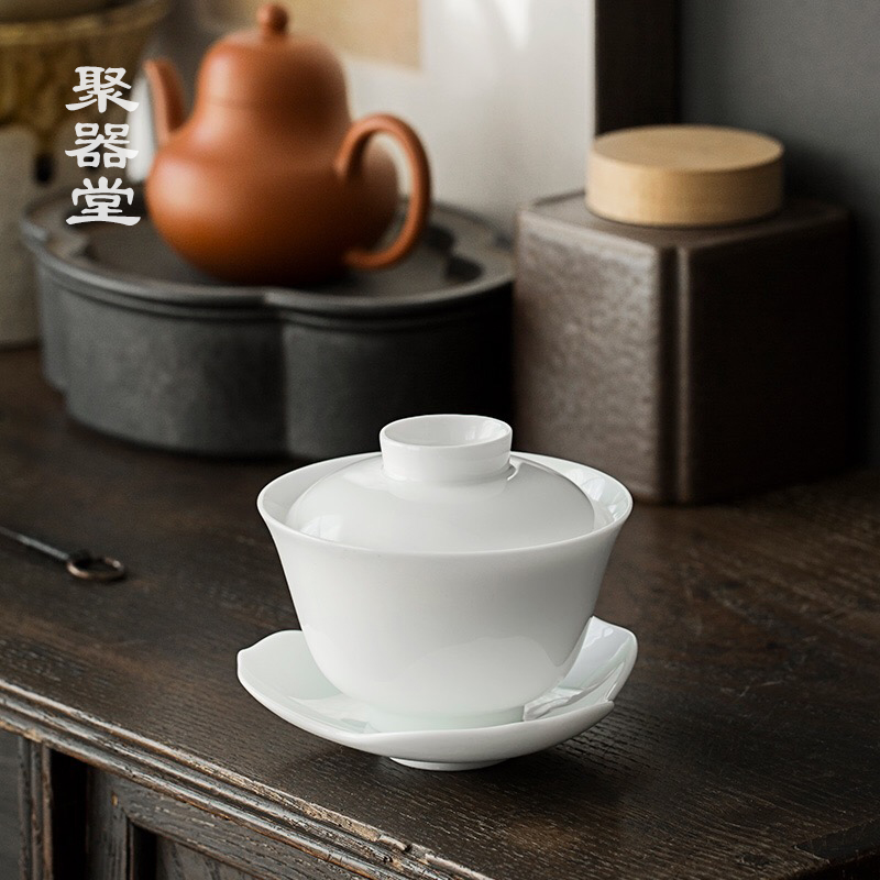 盖碗陶瓷德化高白瓷手抓碗甜白瓷轻薄胎三才碗功夫茶具 甜白蝙蝠盖碗